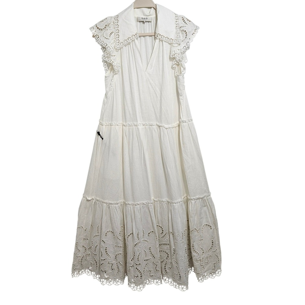 Sea New York Eyelet Tiered Midi Dress Linen Blend Flutter Sleeve White S
